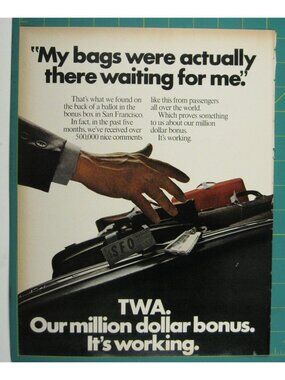 Print Ad TWA Airline Service Luggage Satisfaction Million Dollar Bonus 1960s Tra